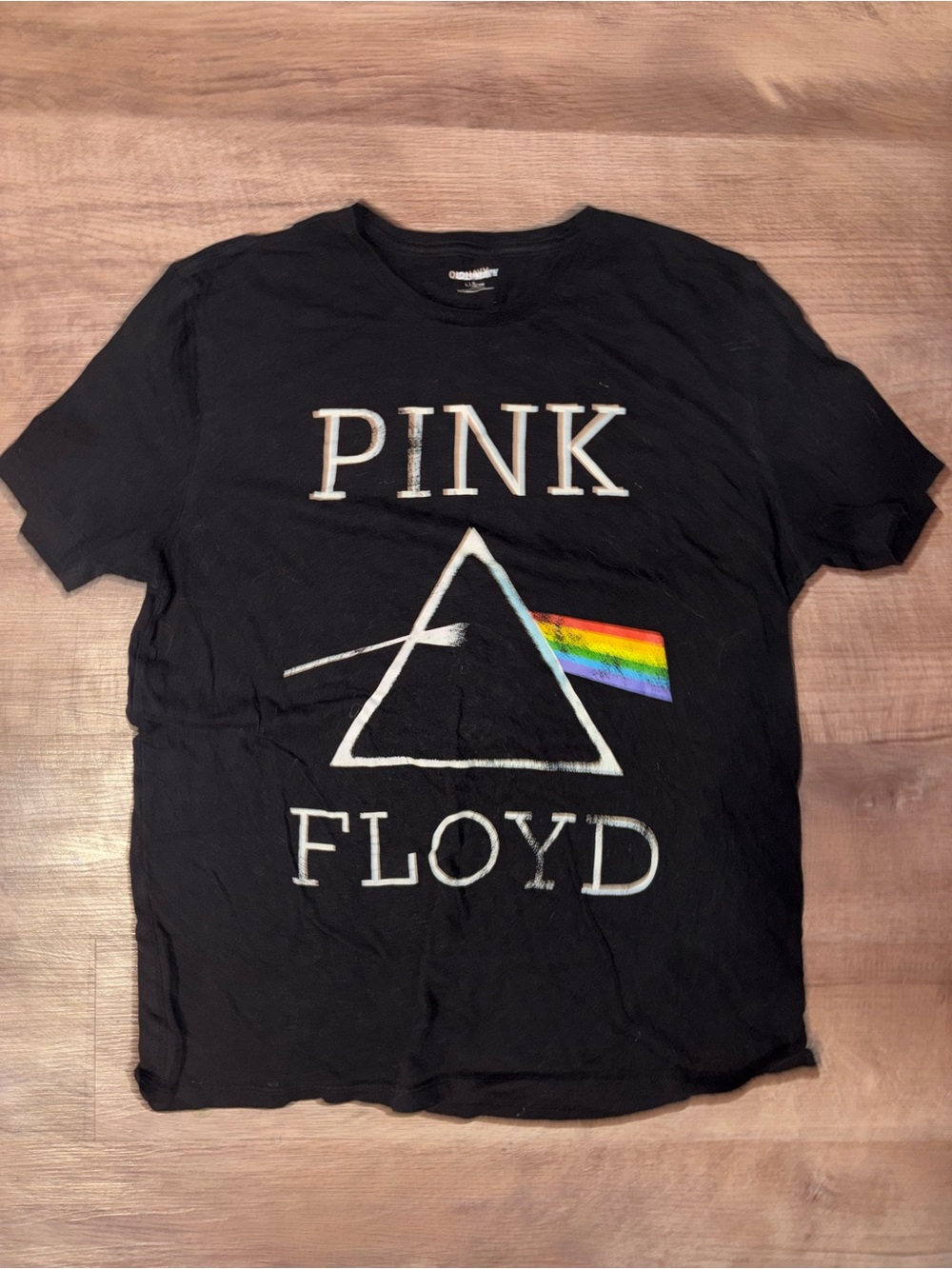 Old Navy Pink Floyd black t-shirt with white text and rainbow prism graphic